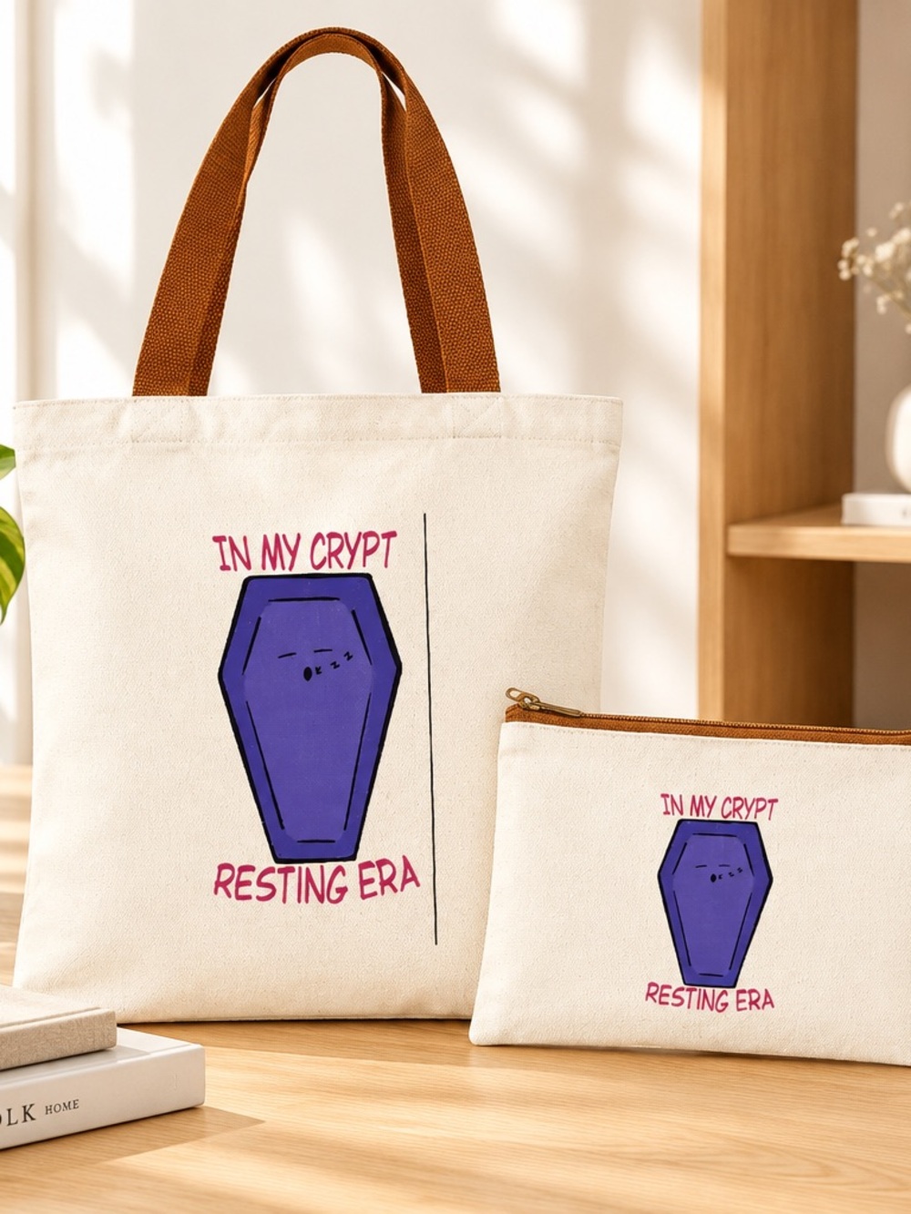 Canvas Tote Bag with Purple Coffin Graphic - 'In My Crypt'